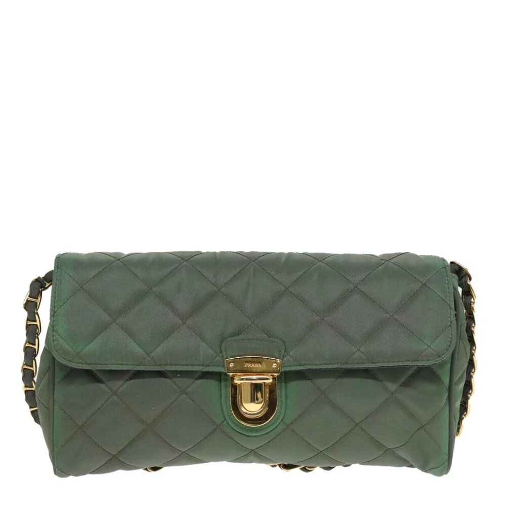 PRADA Chain Quilted Shoulder Bag Nylon Khaki Gold Auth 90227 - Picture 2 of 15